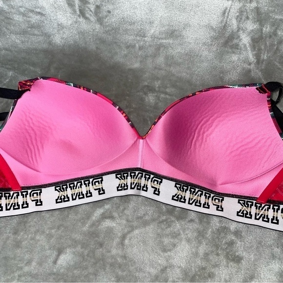 Pink Wear Everywhere Wireless Lightly Lined Bra Red Plaid Spellout Band Sz 32DD - Picture 4 of 6